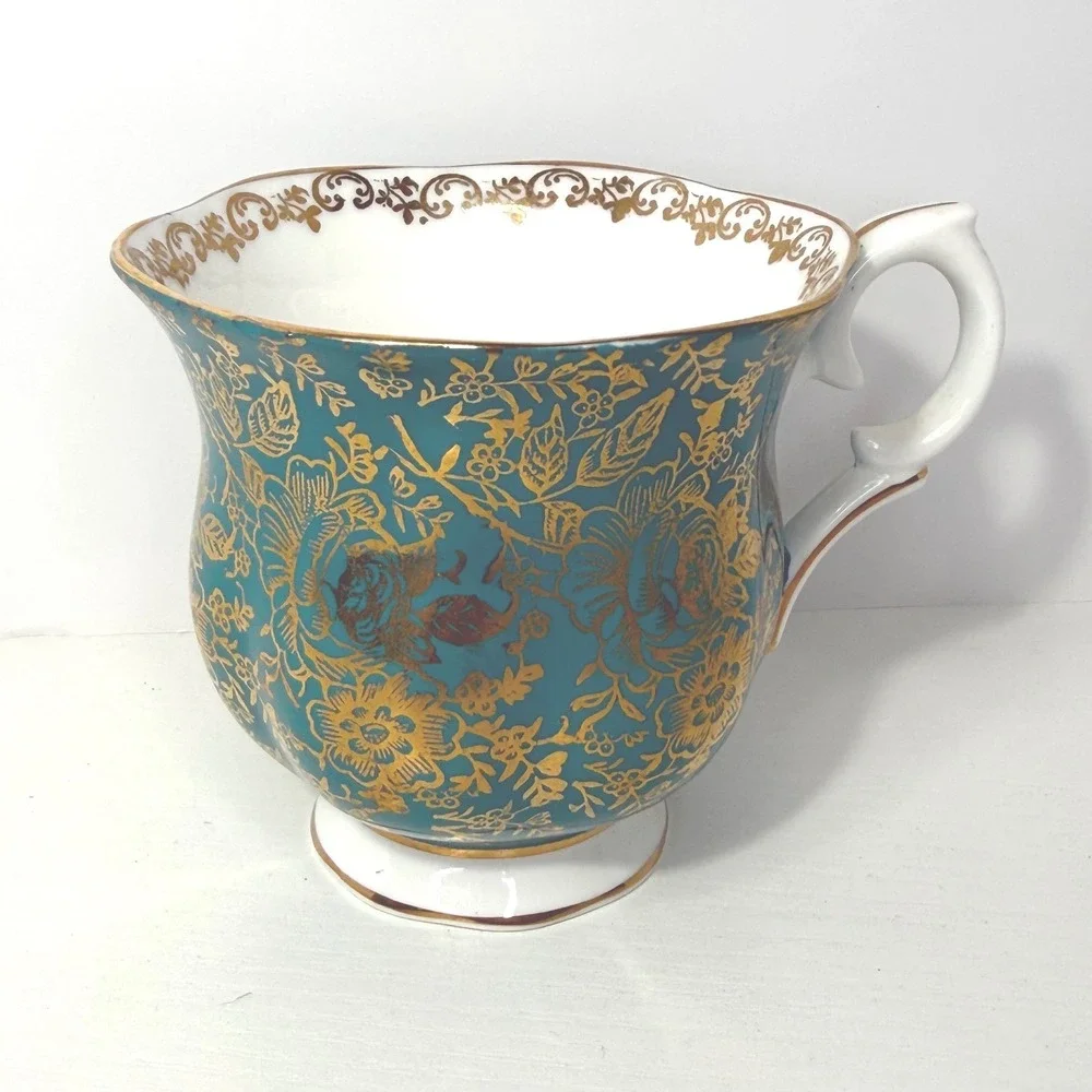 Crown Staffordshire England Creamer Pitcher Teal Gold Floral Fine Bone China